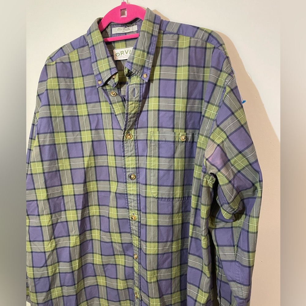 Orvis Green and Purple Plaid Casual Button Down Shirt